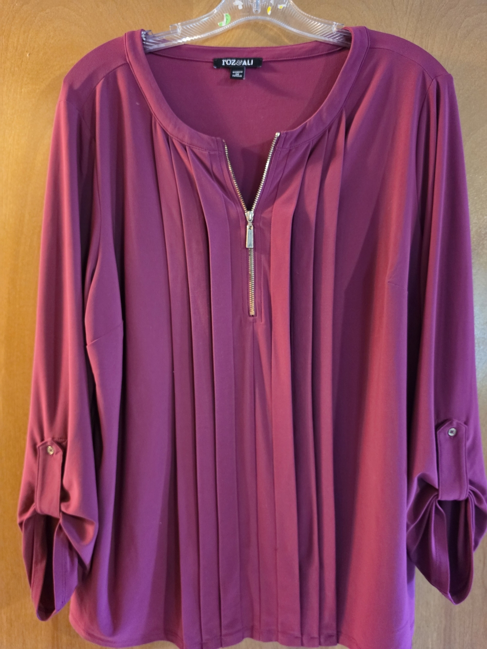 Roz & Ali Plum Pleated Zip-Front Long Sleeve Blouse